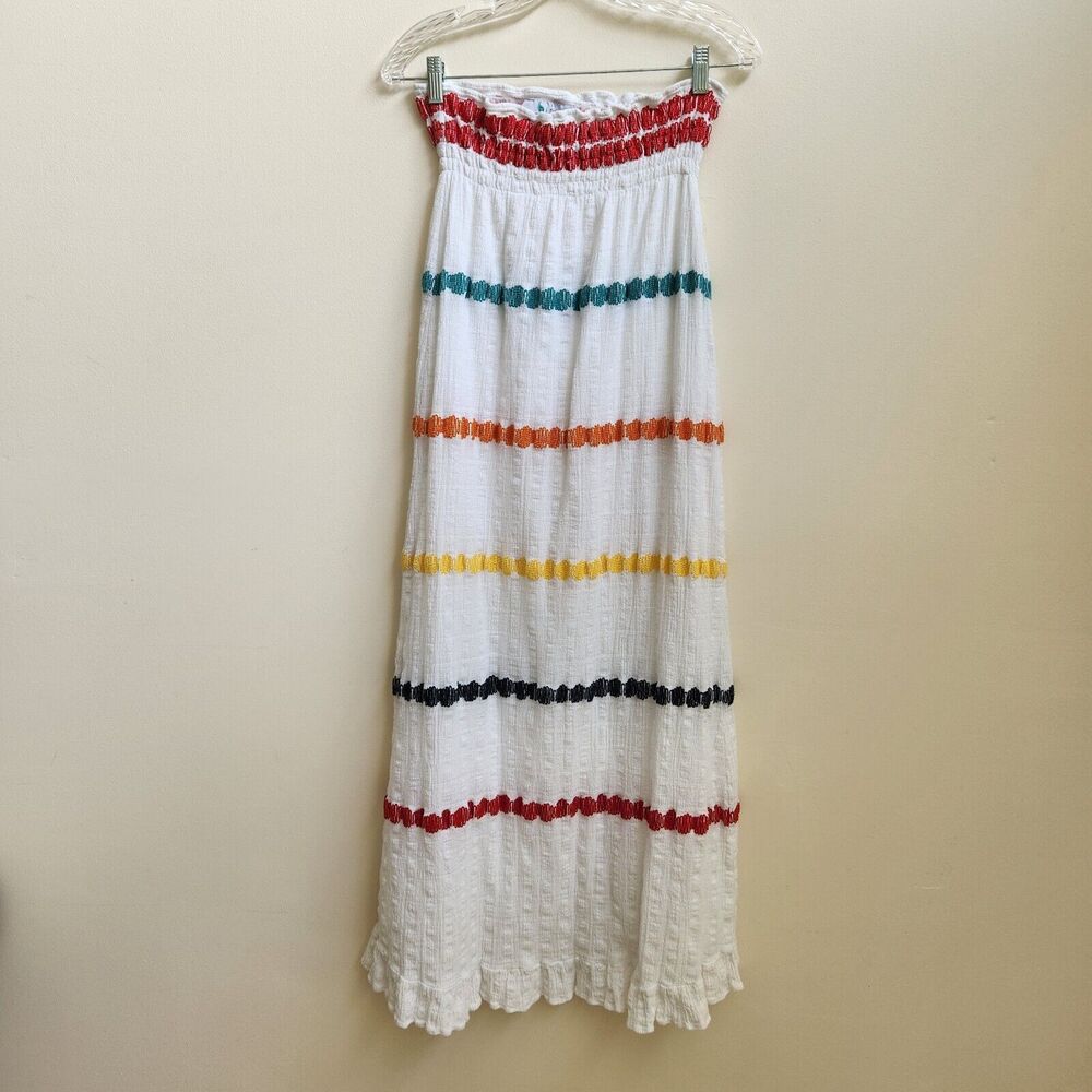 Bindu Dress Women's L White Cotton Strapless Maxi Sundress Resort Cruise Crinkle